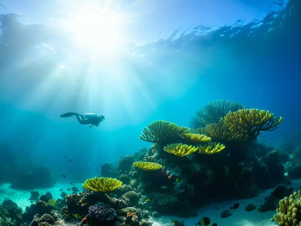 Un vibrante paisaje submarino en las Islas Salomón, con un arrecife de coral diverso repleto de peces coloridos y vida marina