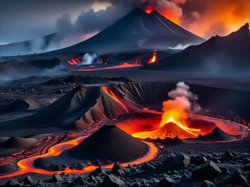 Vibrante paisaje volcánico con lava naranja fluyendo entre rocas