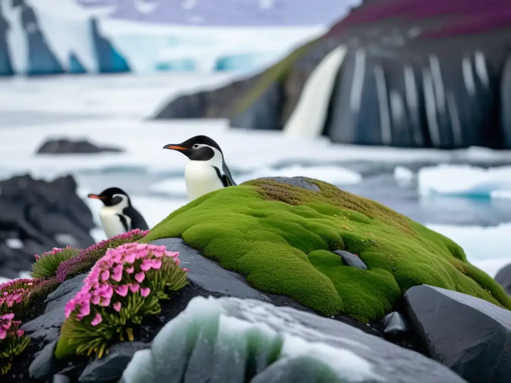 Vibrante parche de musgo verde con plantas florales y pingüinos Adélie en la Antártida, mostrando la interacción entre plantas y fauna