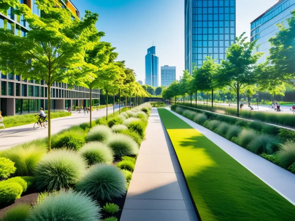 Vibrante parque lineal en entorno urbano, integrando naturaleza y arquitectura moderna