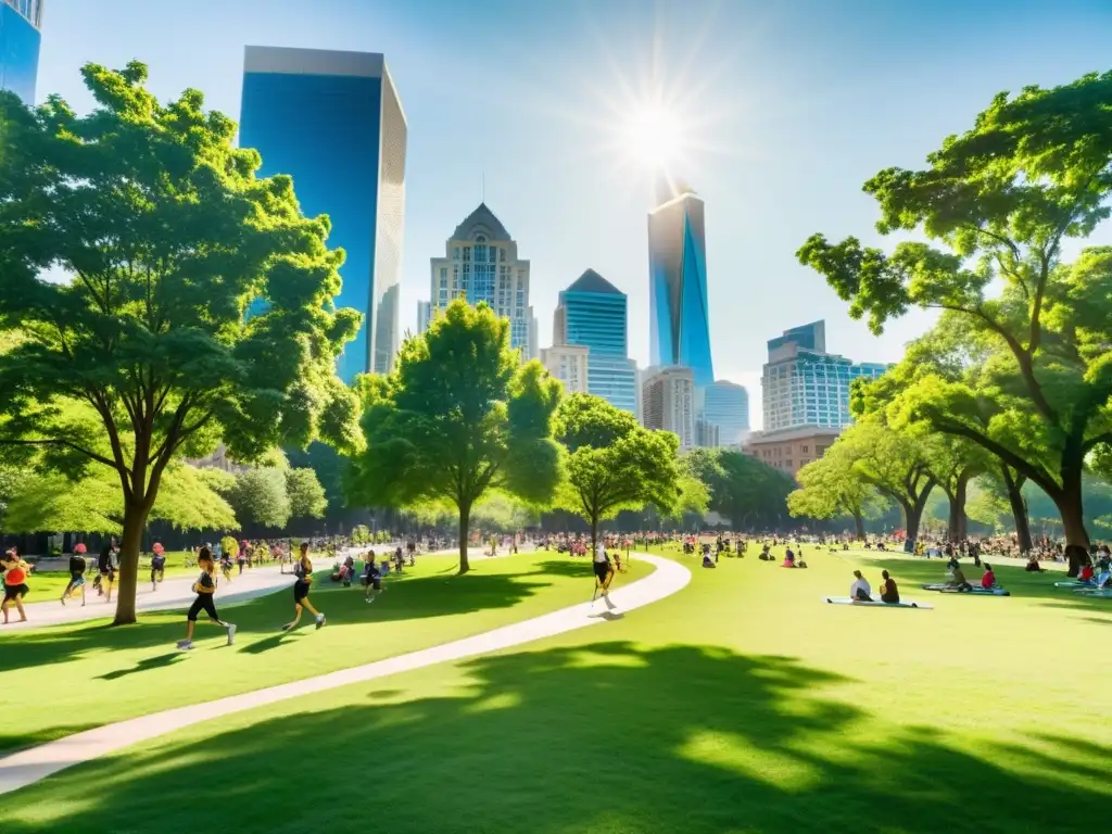 Un vibrante parque urbano con naturaleza exuberante y personas disfrutando de actividades físicas