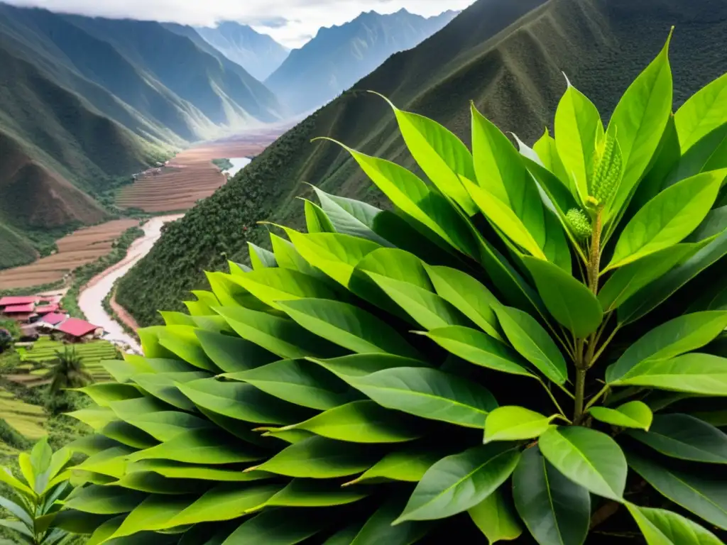 Vibrante coca plantada en la remota montaña andina, donde agricultores locales cuidan con esmero