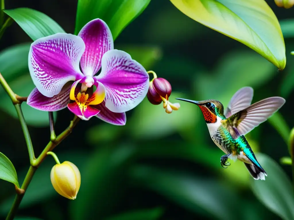 Vibrante orquídea polinizada por colibrí en la selva tropical