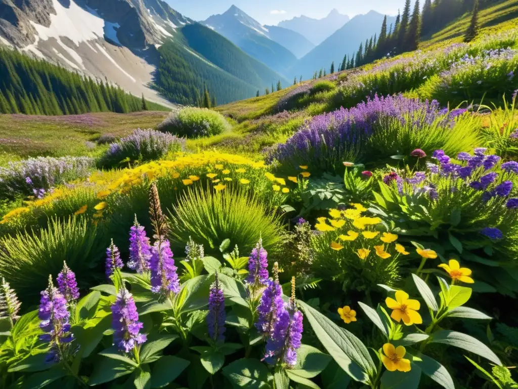 Vibrante pradera alpina con diversidad de flores en interacción fauna y flora montañosa