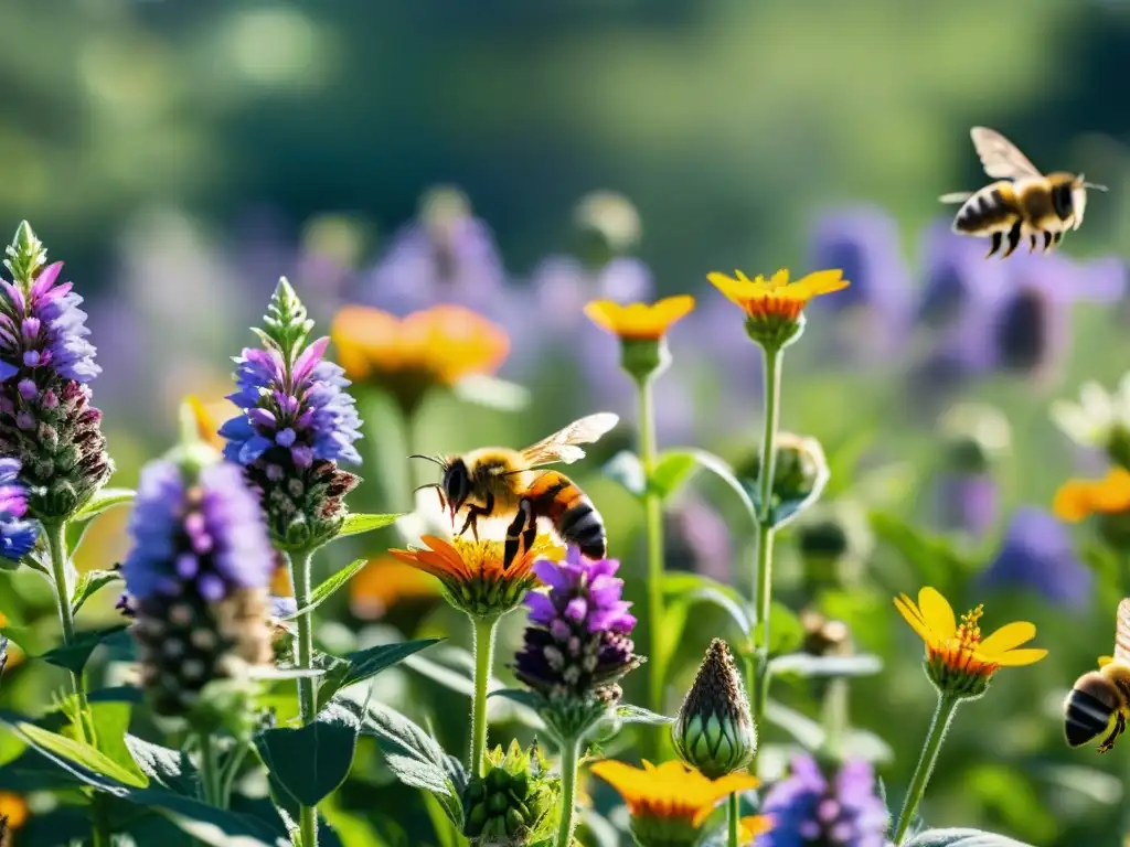 Vibrante pradera de flores con interacciones plantas polinizadores dependencia mutua