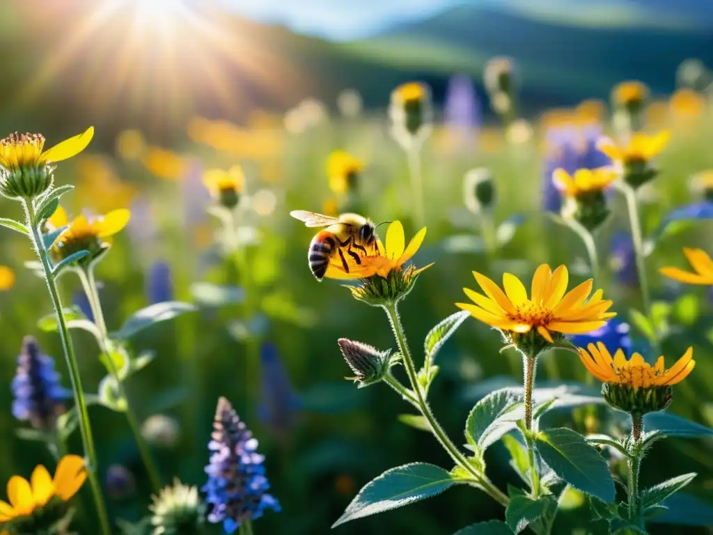 Un vibrante prado de flores silvestres muestra el impacto de la polinización en ecosistemas, con abejas y mariposas en acción