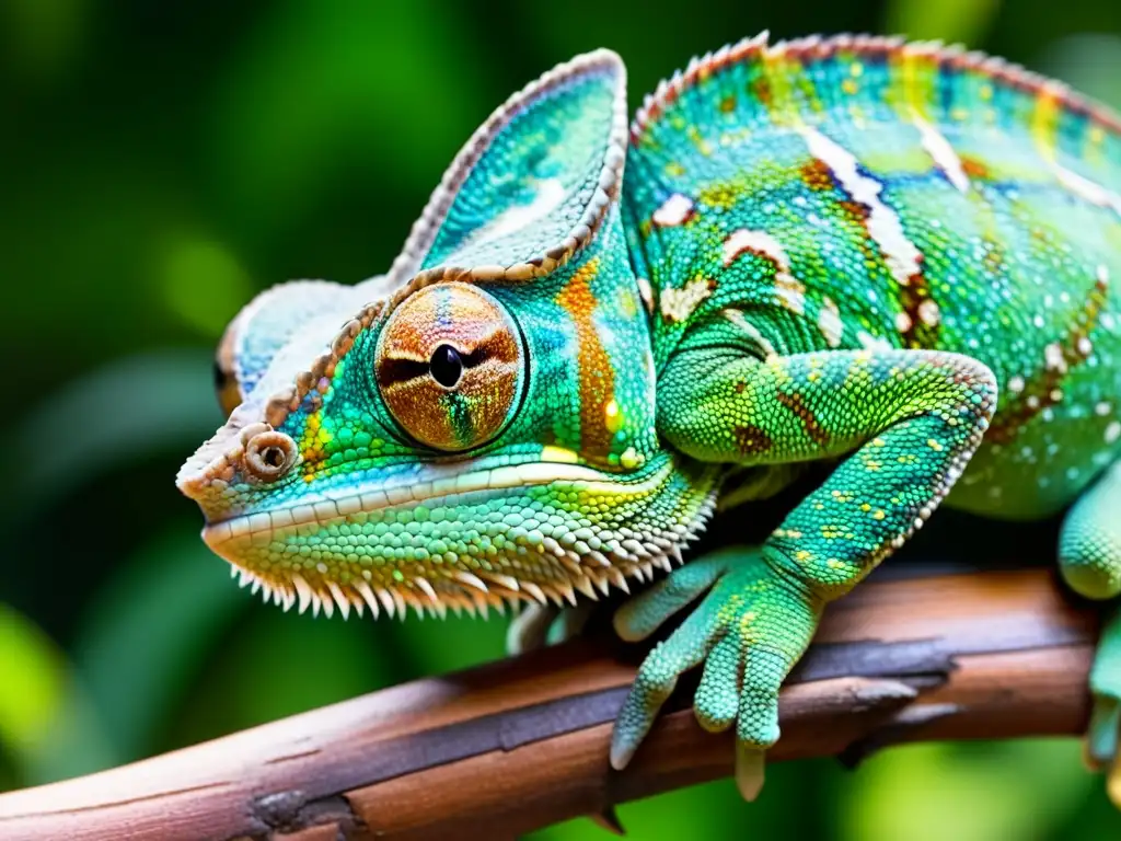 Un camaleón vibrante en primer plano, con escamas y patrones de color detallados