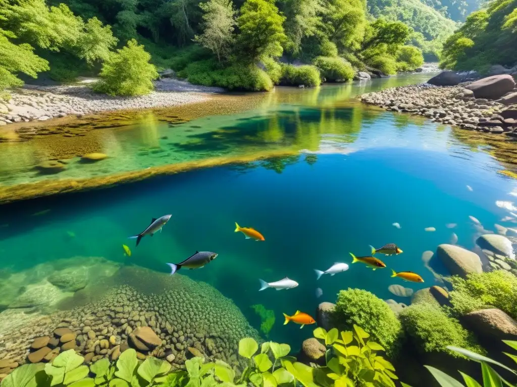 Vibrante río con especies de peces, reflejos de luz y bosque exuberante