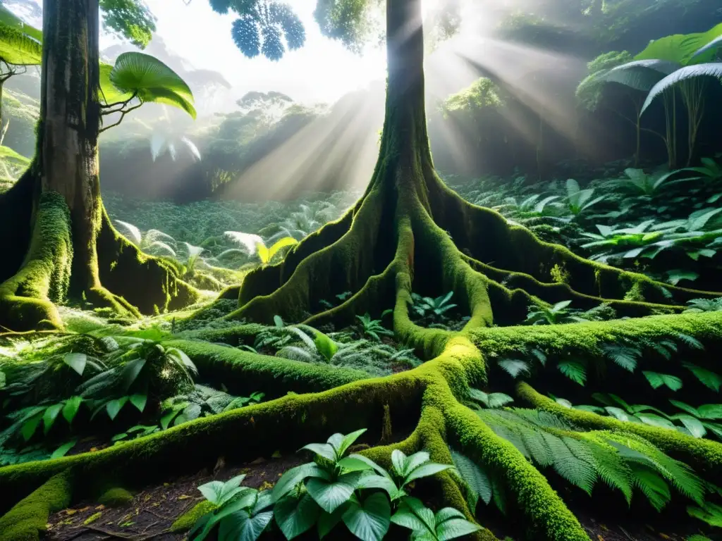 Vibrante selva con relación simbiótica hongos plantas, exuberante vegetación y luz solar filtrada entre ramas y hojas