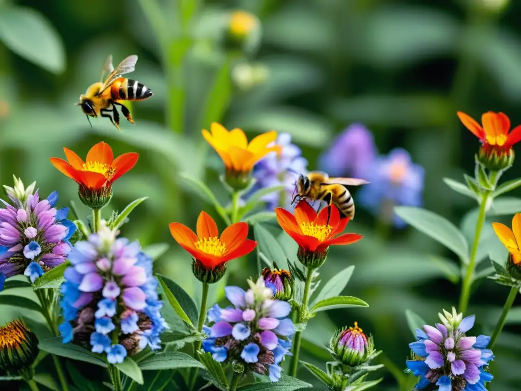 Un vibrante jardín sostenible de flores silvestres en plena floración, con una variedad de especies nativas en tonos brillantes