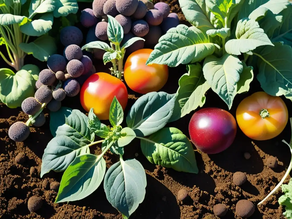 Jardín orgánico vibrante con variedad de vegetales frescos, reflejando la belleza y sostenibilidad de una dieta orgánica y el planeta