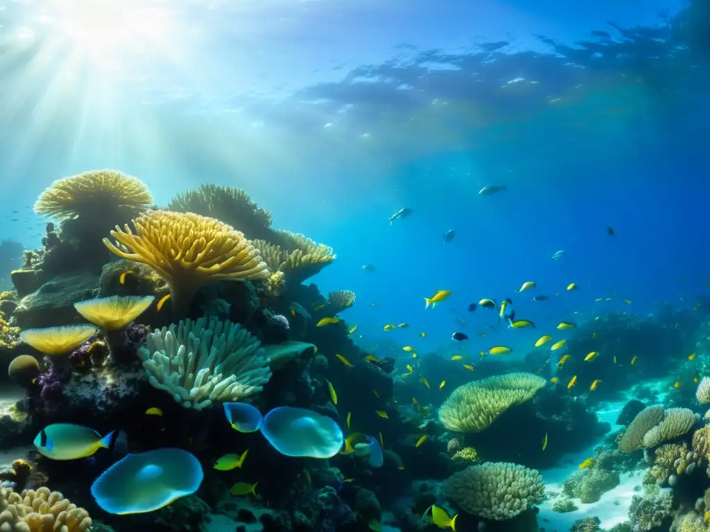 Un vibrante y vasto arrecife de coral, lleno de vida marina y colores, muestra el impacto del cambio climático en las cadenas alimentarias submarinas