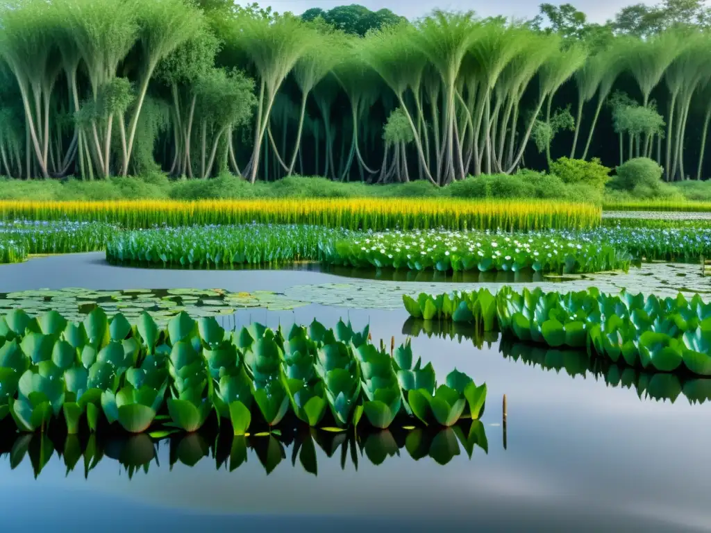 Vibrante vida en ecosistema de humedal durante inundación, con reedas verdes y lirios de agua floreciendo, reflejando la luz en el agua