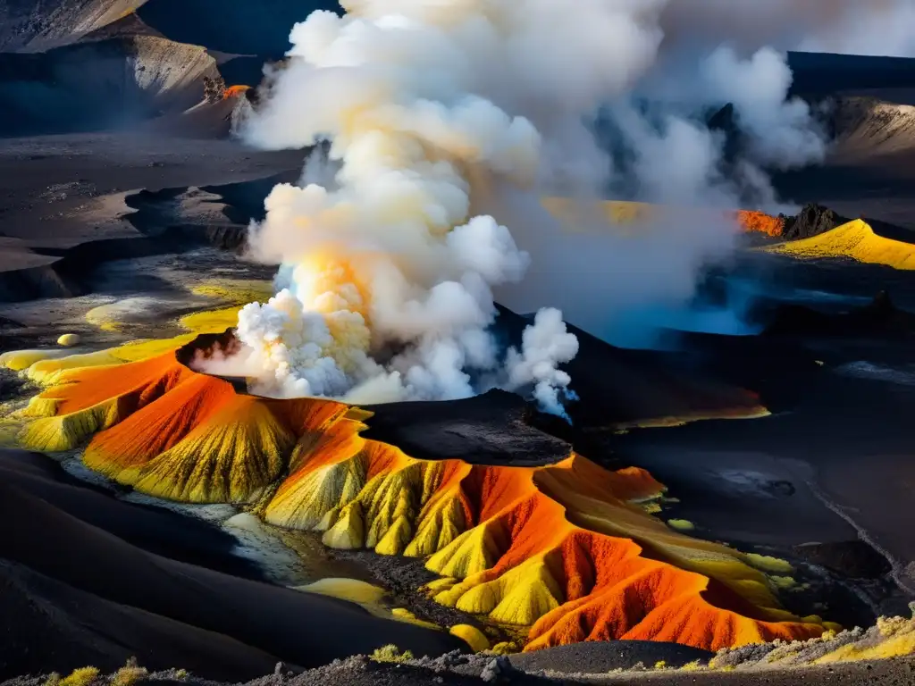 Vibrantes depósitos de azufre en borde de cráter volcánico, vida en volcanes activos ecosistema