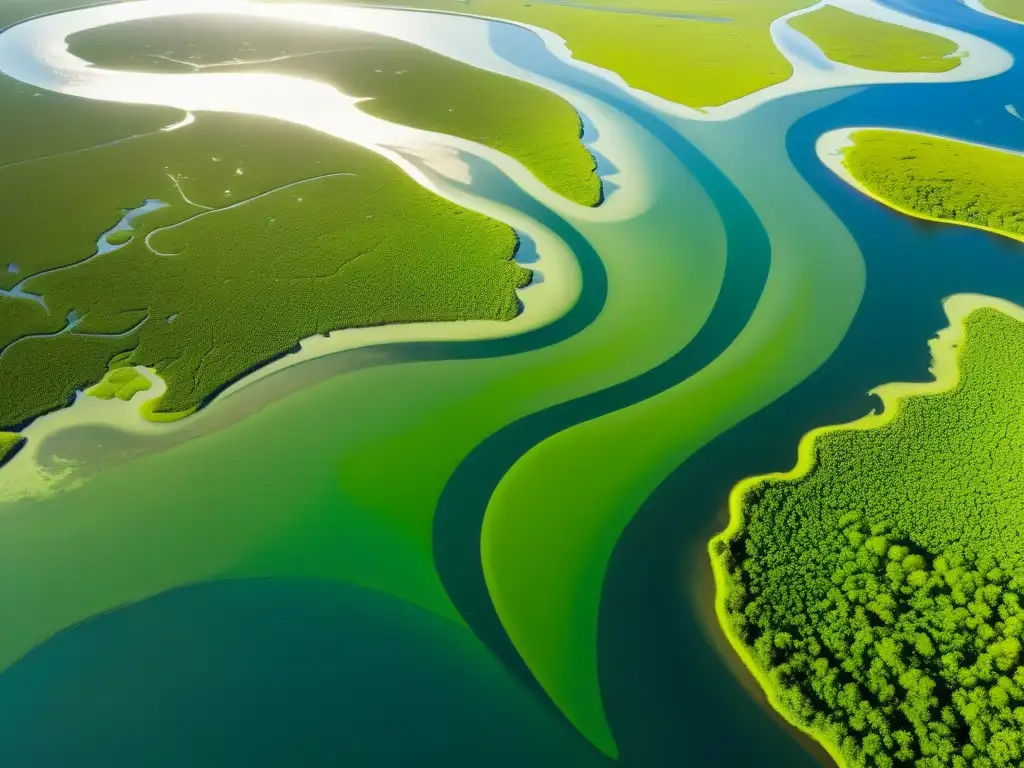 Vida en los deltas fluviales: impresionante vista aérea de un delta fluvial, con redes de agua serpenteando entre marismas verdes