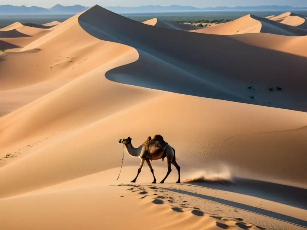 Fotografía de vida en desiertos: Un solitario camello atraviesa un vasto paisaje desértico bañado por la luz del sol, creando una escena de belleza y tranquilidad atemporal