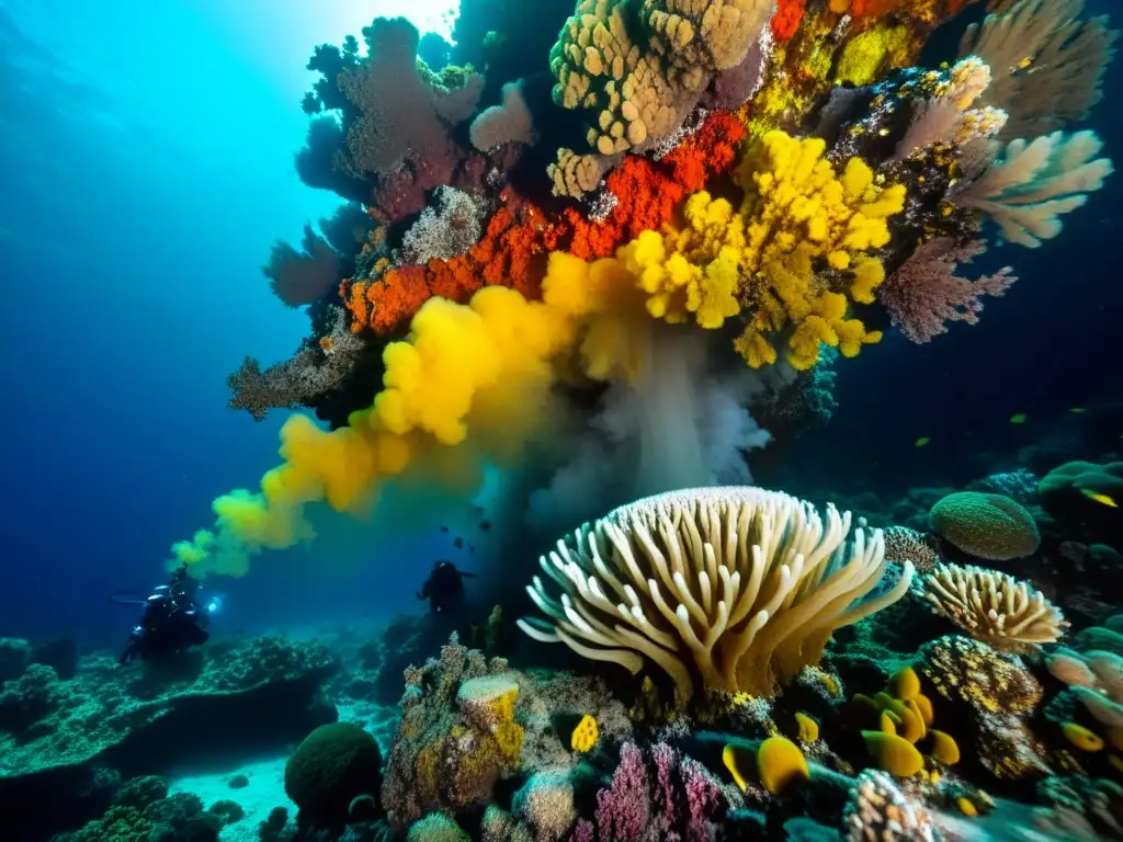 Vida en fumarolas hidrotermales marinas: escena submarina con diversa fauna marina y fondo de aguas mineralizadas