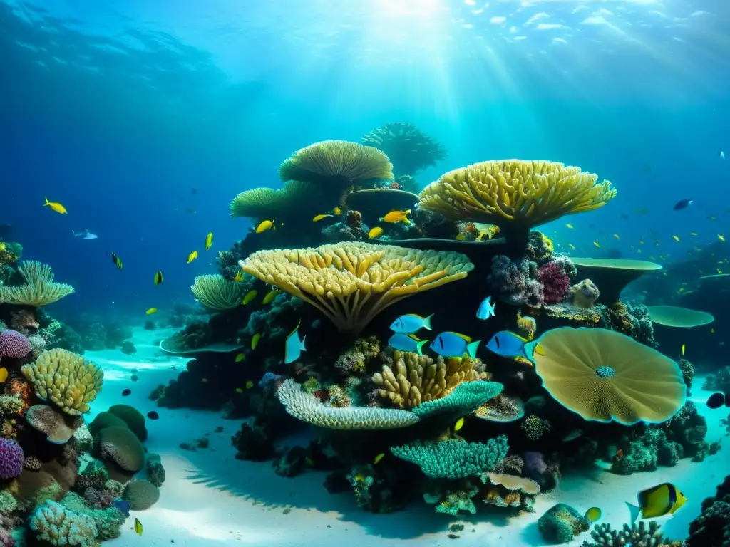 Vida marina en arrecifes de coral: una vibrante y diversa imagen en 8k de un ecosistema marino, con peces coloridos y formaciones de coral