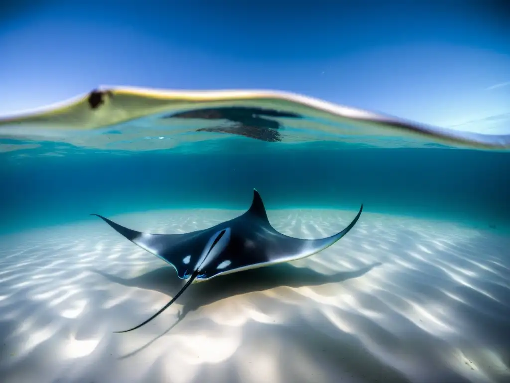 Vida marina en desiertos submarinos: Manta rayo solitaria y paisaje submarino teeming con vida y colorido coral