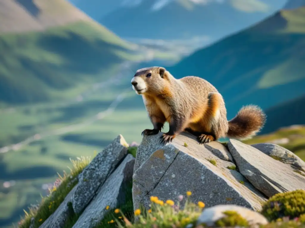 Vida del marmot en alta montaña: detallada imagen de un marmota en su hábitat natural, con exuberante paisaje montañoso de fondo