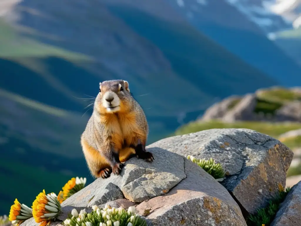 Vida del marmot en alta montaña: retrato detallado de marmota en su hábitat alpino, con paisaje majestuoso y flores alpinas