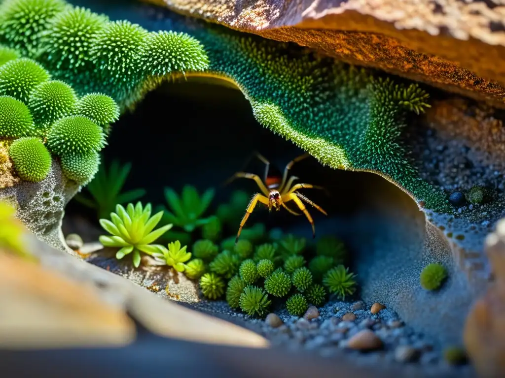 Vida en microhábitat mediterráneo: plantas, invertebrados, lagartija y araña