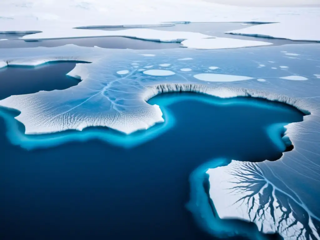 Vida microbiana en lagos subglaciales: paisaje helado y misterioso, con organismos microscópicos y tonos azules etéreos