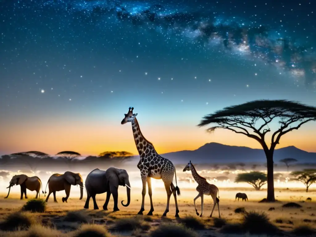 Vida nocturna en praderas y sabanas: paisaje iluminado por la luna con siluetas de animales y un cielo estrellado