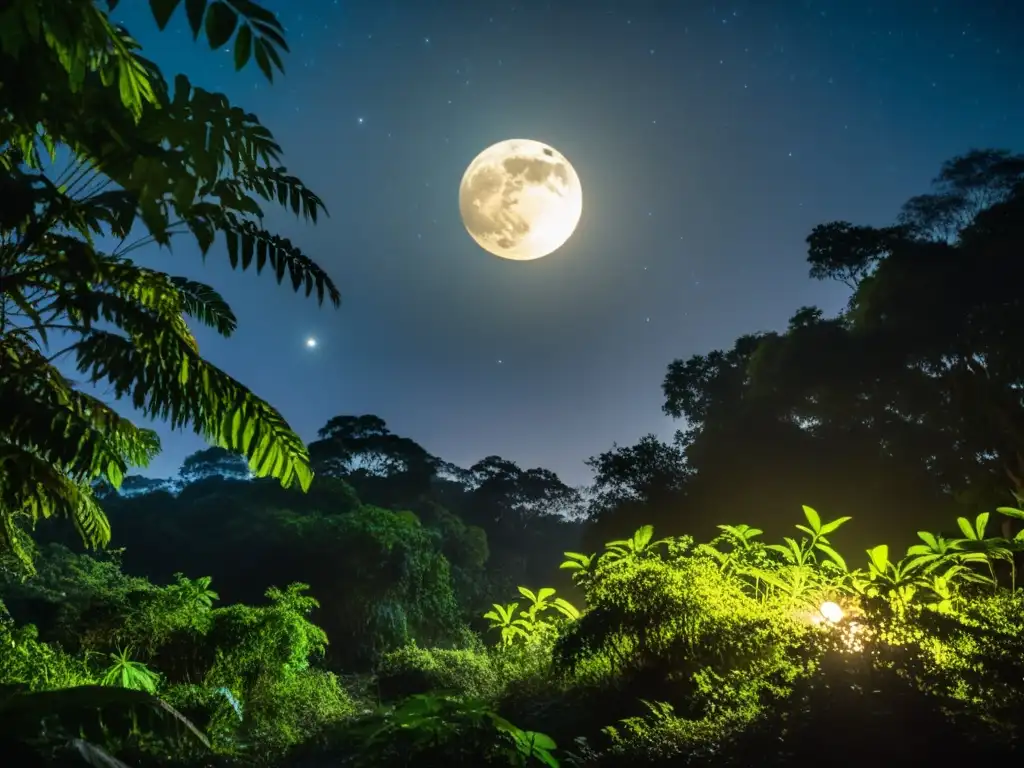 Vida nocturna en la selva: misteriosa jungla iluminada por la luna, estrellas y luciérnagas