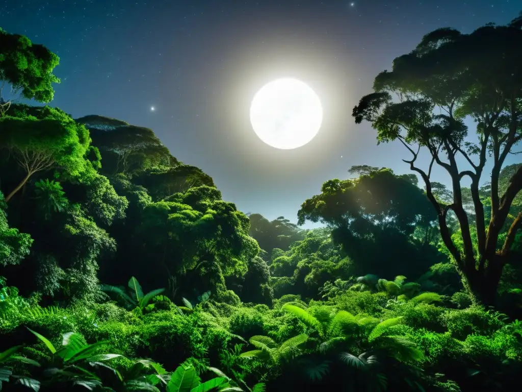 Vida nocturna en la selva: un paisaje exuberante iluminado por la luna, con ojos brillantes entre la densa vegetación y el cielo estrellado