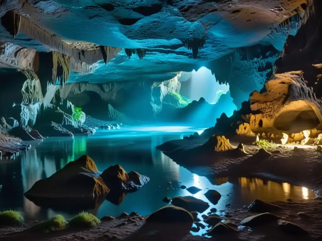 Explora la vida salvaje en cavernas con formaciones rocosas y hongos bioluminiscentes