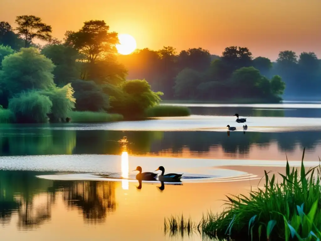 Vida silvestre en un lago urbano: patos nadando y garza al atardecer, reflejos de la naturaleza