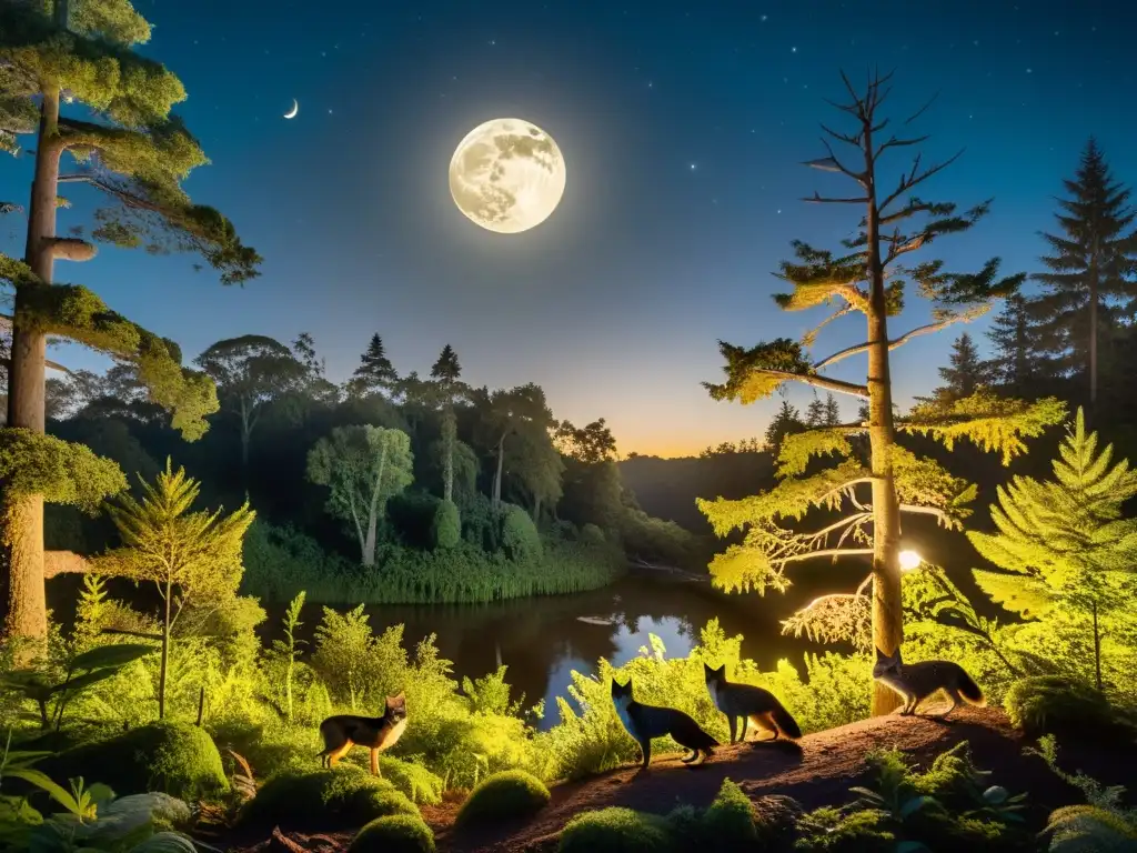 Vida silvestre nocturna ecosistemas mundo: Detalle de un bosque nocturno iluminado por la luna, con animales y vegetación exuberante en primer plano