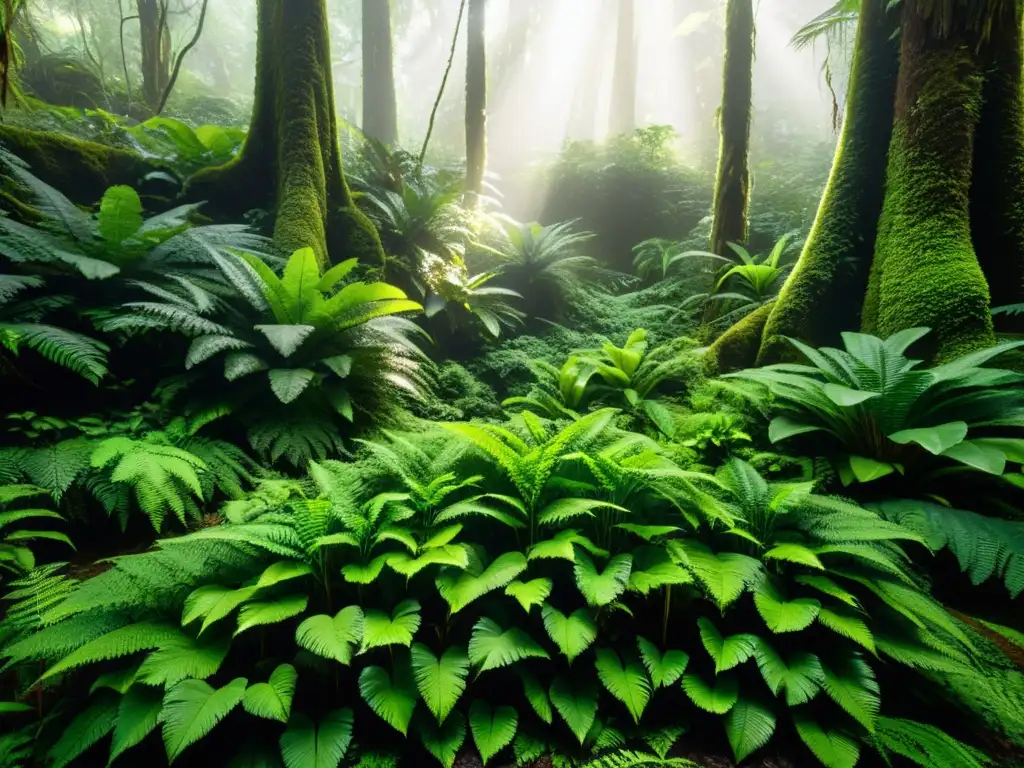 Vida sotobosque tropical con especies adaptadas a la densa vegetación, creando un tapiz verde vibrante y exuberante, con juegos de luz y sombra