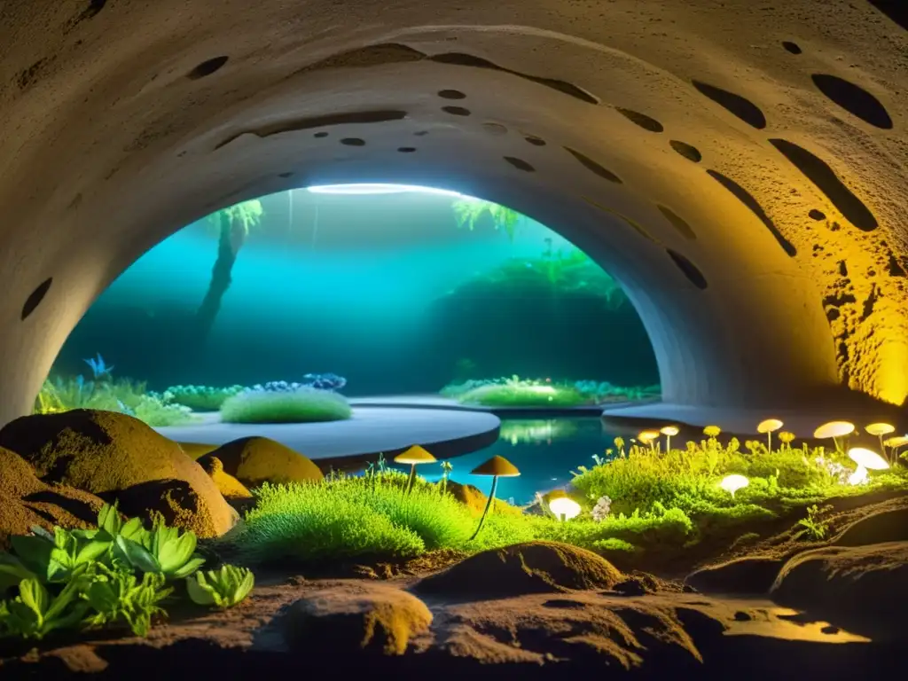 Vida subterránea en ecosistemas urbanos: Intrincado paisaje subterráneo iluminado por flora bioluminiscente y fauna diversa