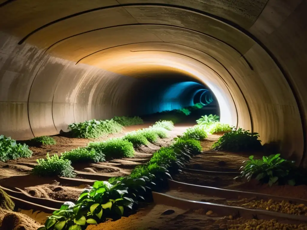 Vida subterránea en ecosistemas urbanos: Intrincadas raíces y criaturas en misterioso túnel iluminado