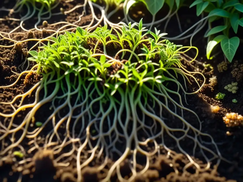 Vida en el suelo: Efecto de los fertilizantes en ecosistemas, compleja red de raíces, hongos y gusanos en tierra fértil