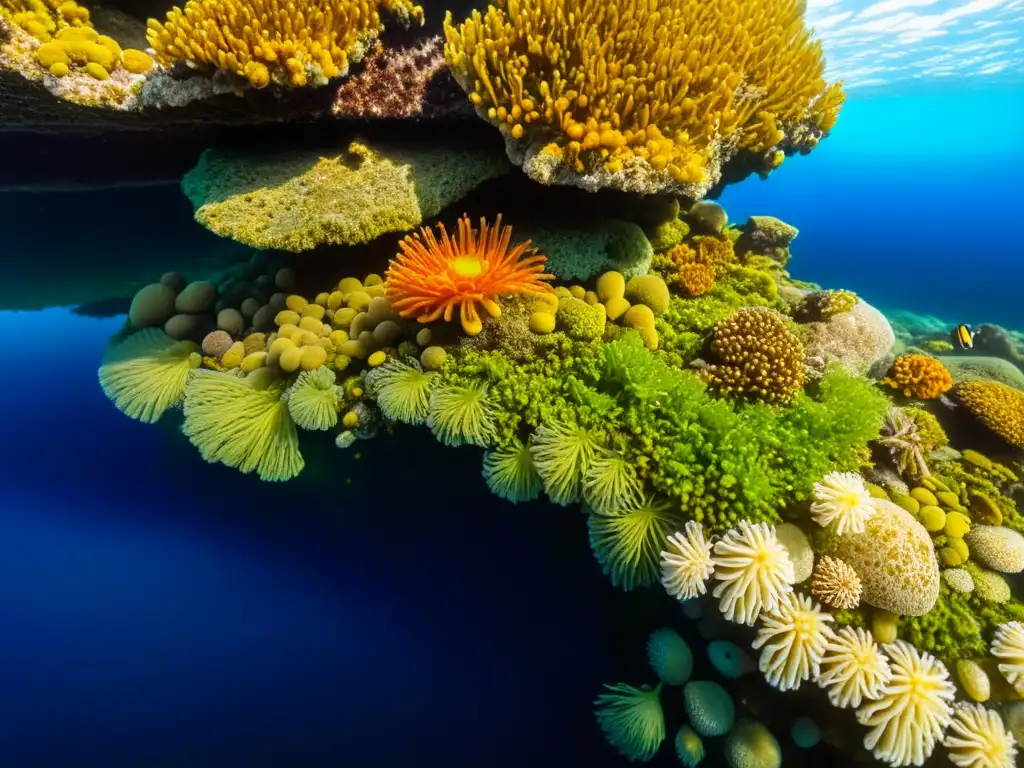 Vida marina en zona intermareal: 8k detalle Vida en zonas intermareales: Ecosistema marino vibrante con anémonas, mejillones, algas y peces entre rocas, iluminado por la luz solar