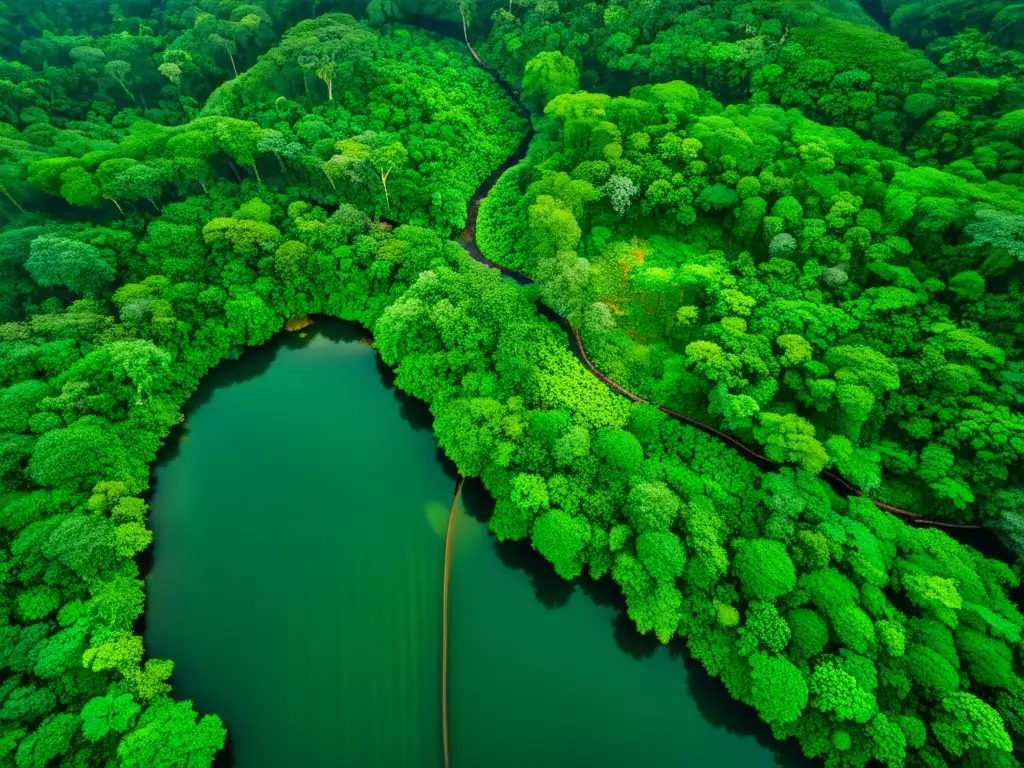 Vigilancia satelital de ecosistemas para protección: Imagen de exuberante selva tropical, con detalles de su biodiversidad y red de ríos