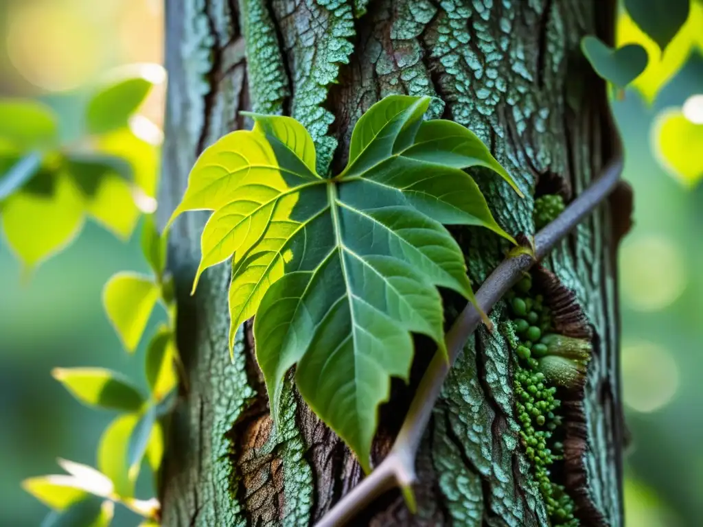 Vigorosa enredadera verde con hojas en forma de corazón envolviendo un árbol, mostrando el control de especies invasoras en paisajismo