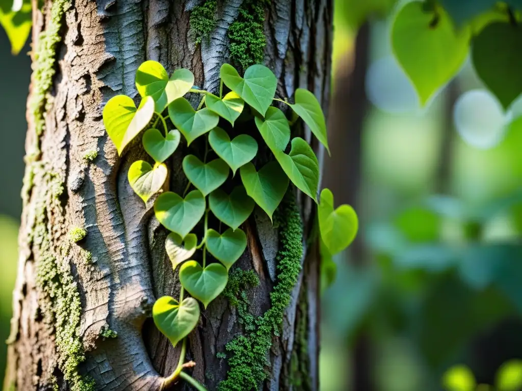 Vigorosa vid verde enredándose al tronco de un árbol en un denso bosque