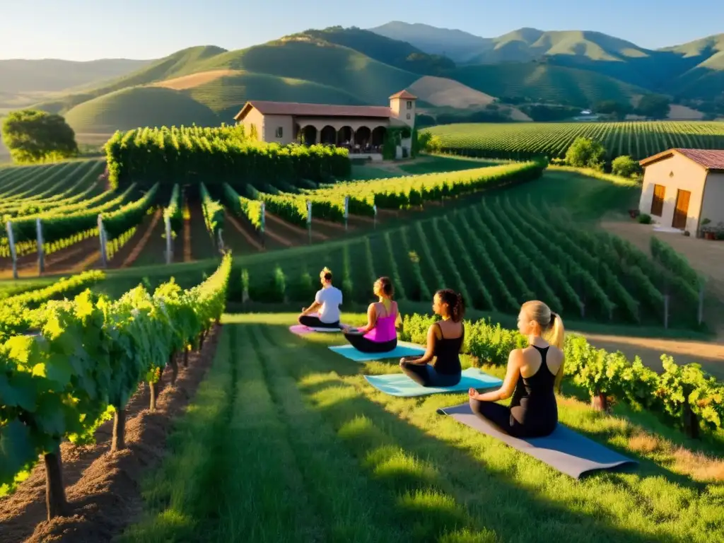 Práctica de yoga en viñedo natural al amanecer, entre colinas y viñedos