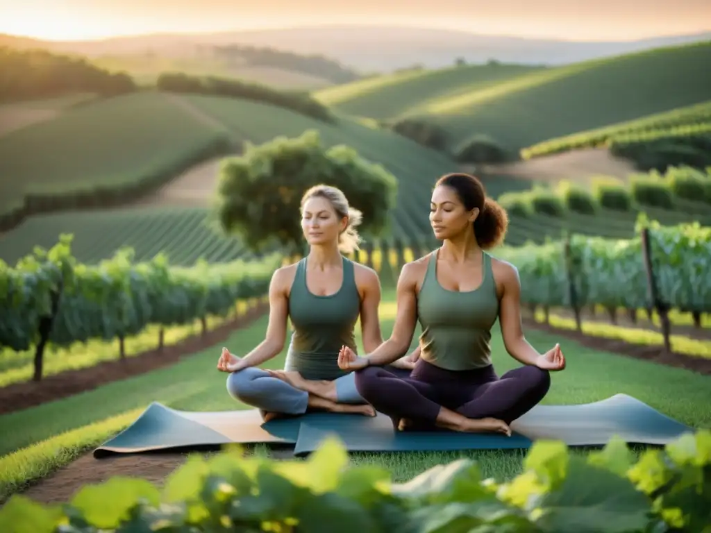 Práctica de yoga en viñedo natural: serenidad y conexión con la naturaleza entre las vides verdes y la luz matutina