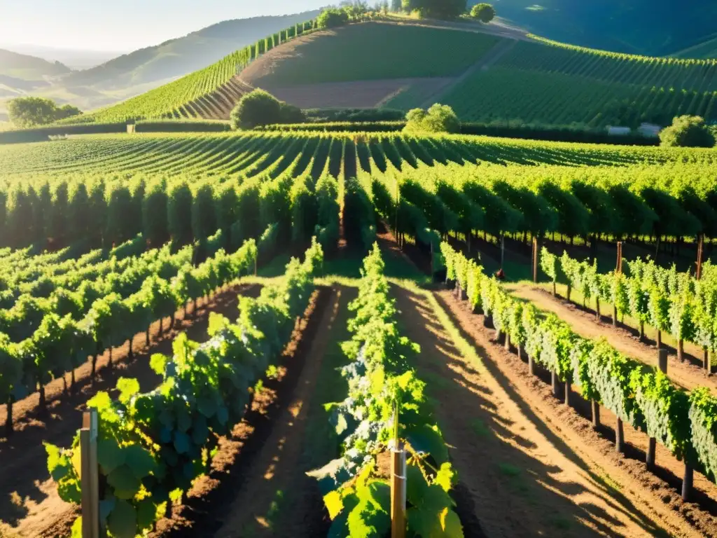 Vinedos verdes con trabajadores cuidando uvas