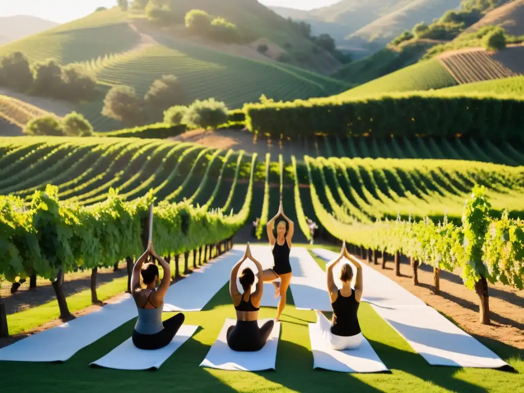 Práctica de vinyasa yoga en el viñedo natural al atardecer, un entorno sereno y armonioso que invita a la meditación