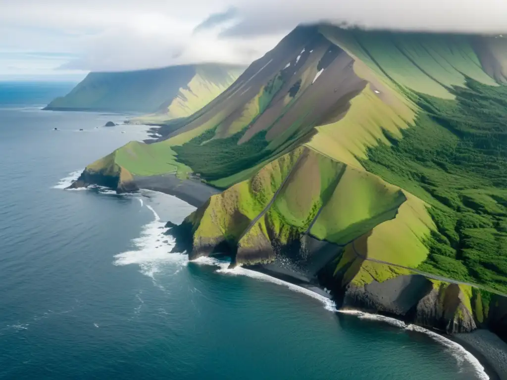 Vista aérea de la accidentada costa de las Islas Aleutianas, con olas rompiendo contra acantilados rocosos y aves marinas anidando