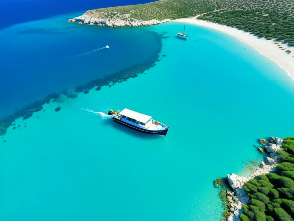 Vista aérea de las aguas turquesas cristalinas alrededor de la isla de Antiparos en Grecia