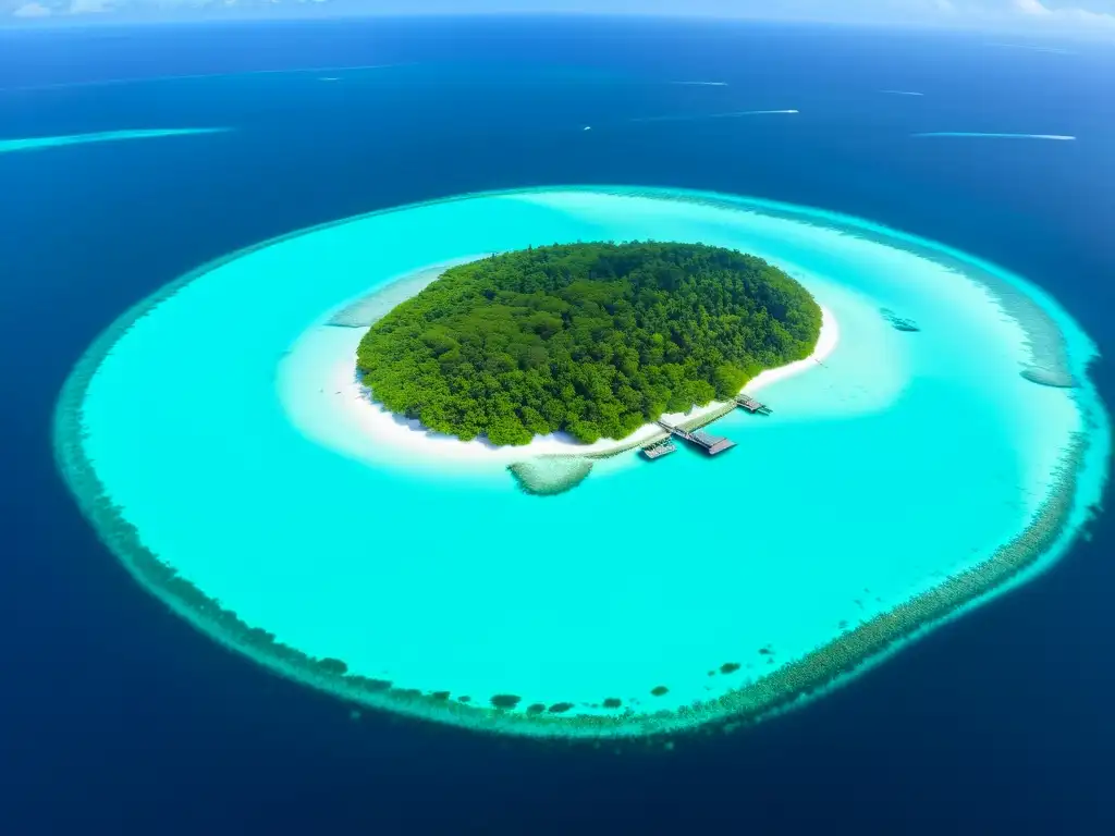 Vista aérea de aguas turquesas cristalinas y vida marina vibrante en Maldivas, resaltando la conservación de ecosistemas y turismo sostenible