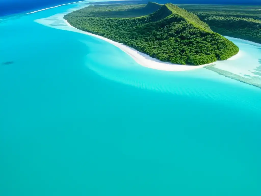 Vista aérea de las aguas turquesas y bosques exuberantes de las Islas Cook, mostrando la conservación de la naturaleza y la tradición local