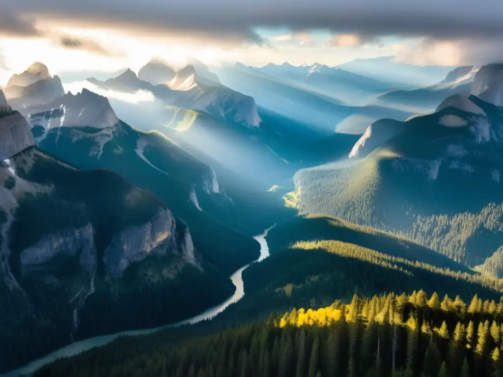 Vista aérea de árboles gigantes en las Montañas Rocosas, con picos majestuosos y paisaje impresionante